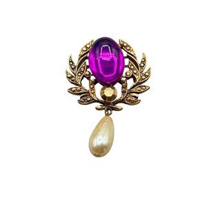 Fuchsia Purple Pin Brooch Pearl Drop Gold Tone 80s 90s Jewelry Acrylic Cabochon